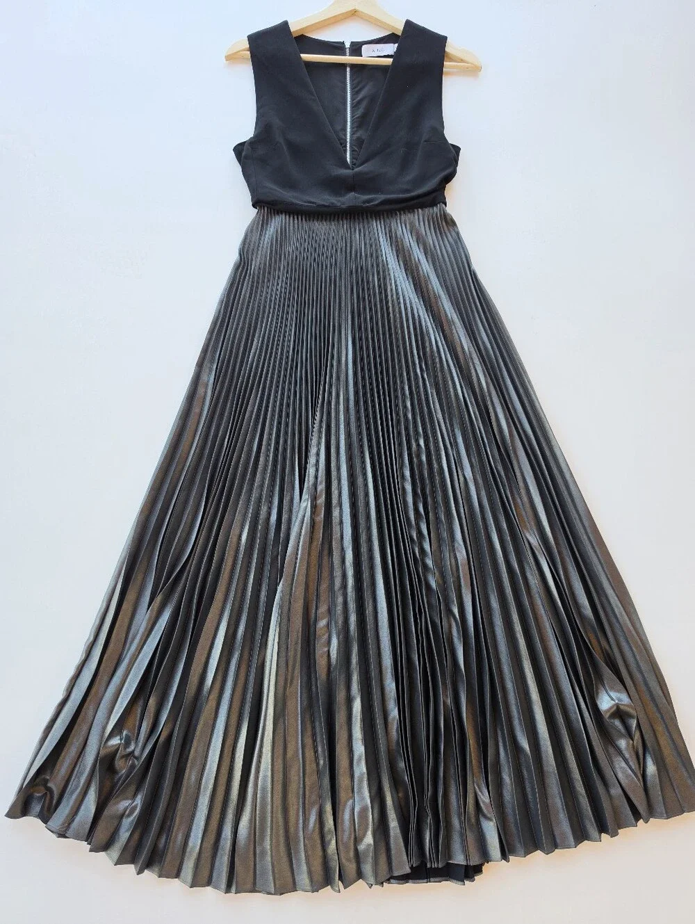 alc metallic dress A.L.C. Emilia Metallic Accordian Pleated Sleeveless Maxi Dress